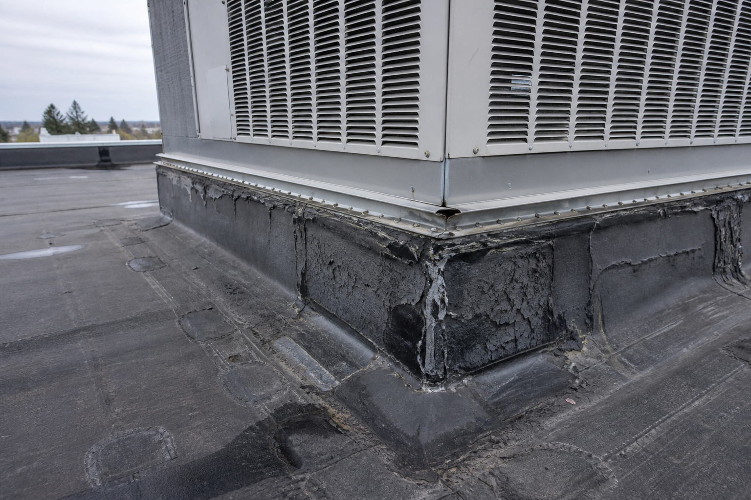 Alternate angle of the failure before work on a roofing scenario typical of Richmond small commercial buildings