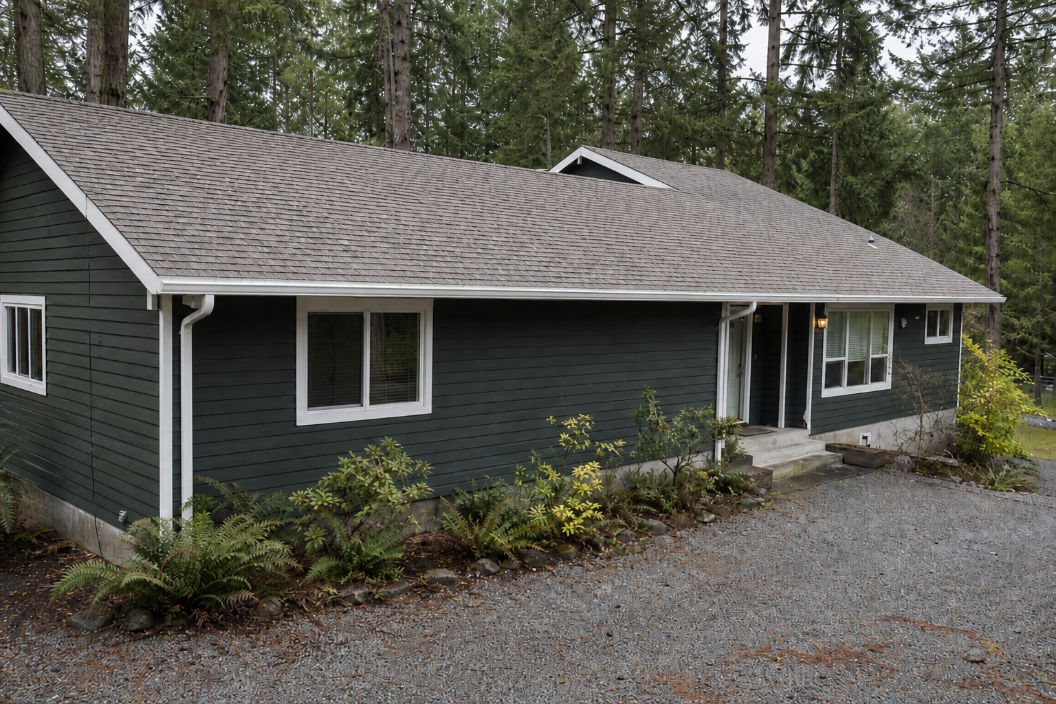 Establishing property view after work on a roofing scenario typical of Port Moody conifer-edge homes