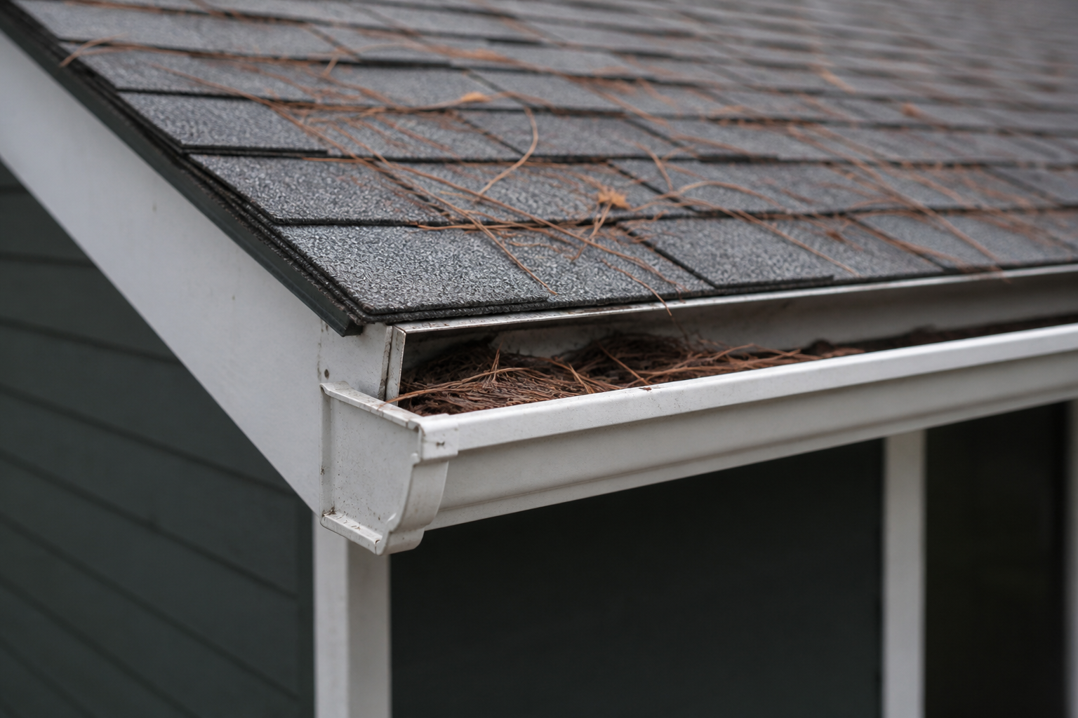 Alternate angle of the failure before work on a roofing scenario typical of Port Moody conifer-edge homes