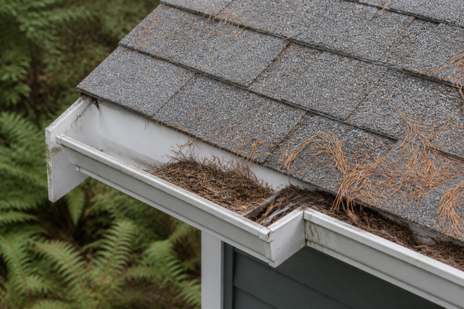 Eave, gutter, or secondary consequence detail before work on a roofing scenario typical of Port Moody conifer-edge homes
