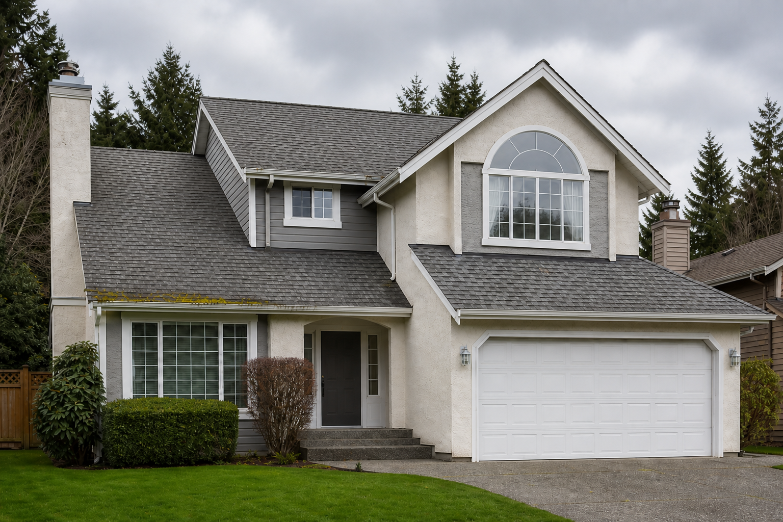 Establishing property view after work on a roofing scenario typical of Langley cream-stucco homes