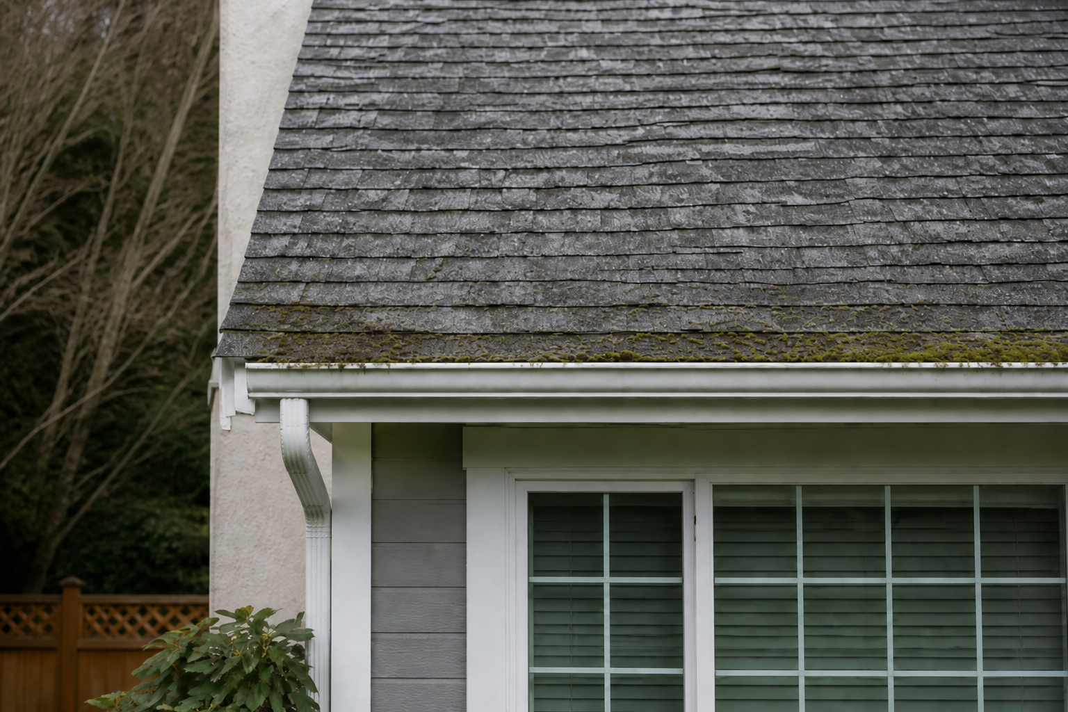 Matching alternate angle after work on a roofing scenario typical of Langley cream-stucco homes