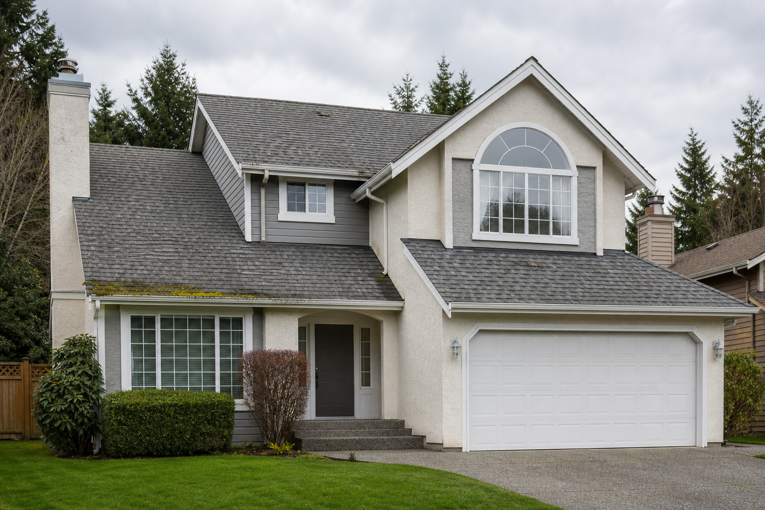 Establishing property view before work on a roofing scenario typical of Langley cream-stucco homes
