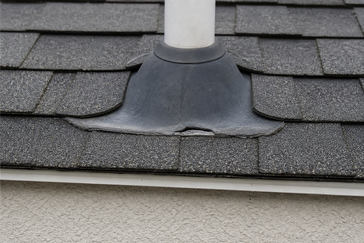 Primary problem-area detail before work on a roofing scenario typical of Langley cream-stucco homes