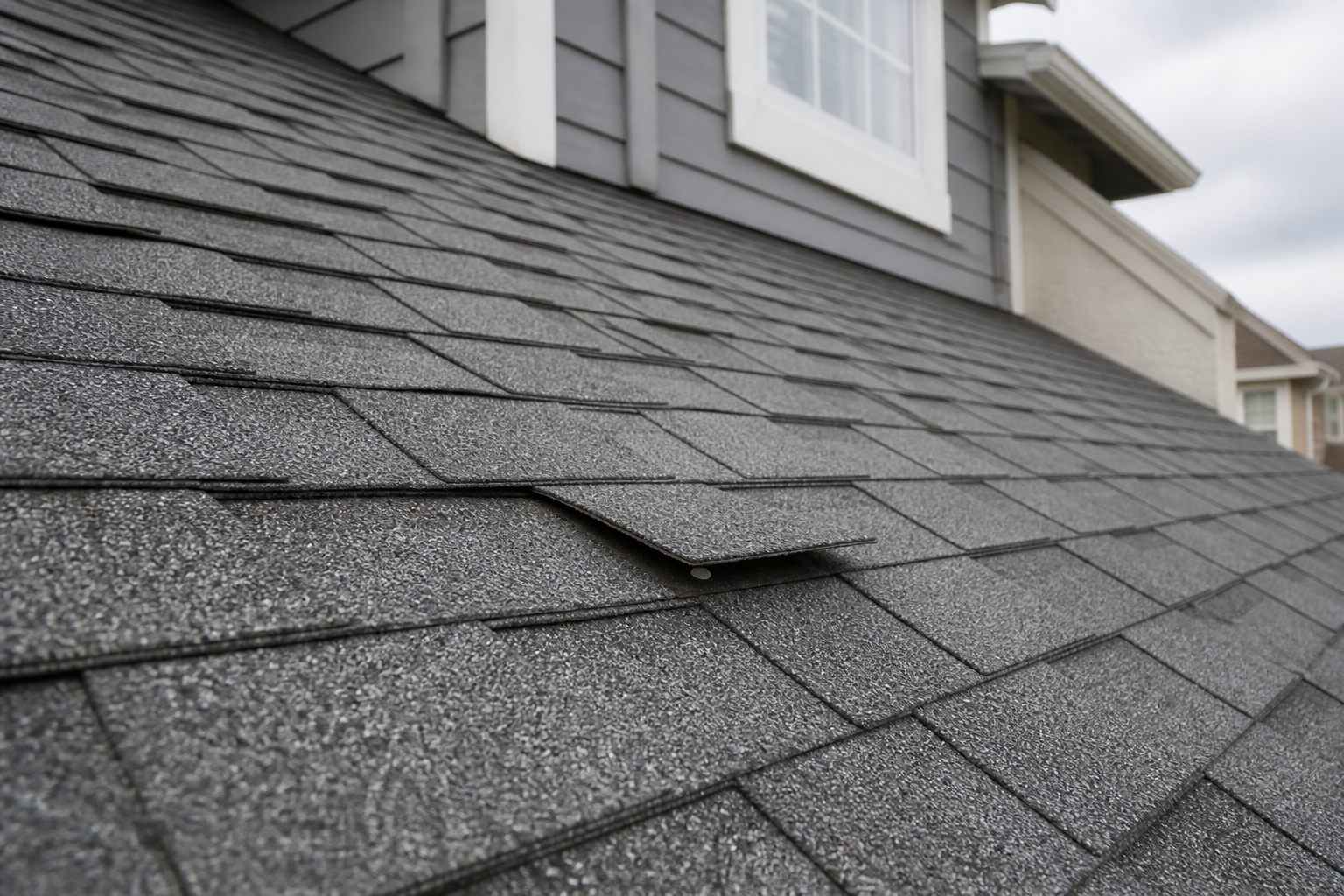 Tight technical failure detail before work on a roofing scenario typical of Langley cream-stucco homes