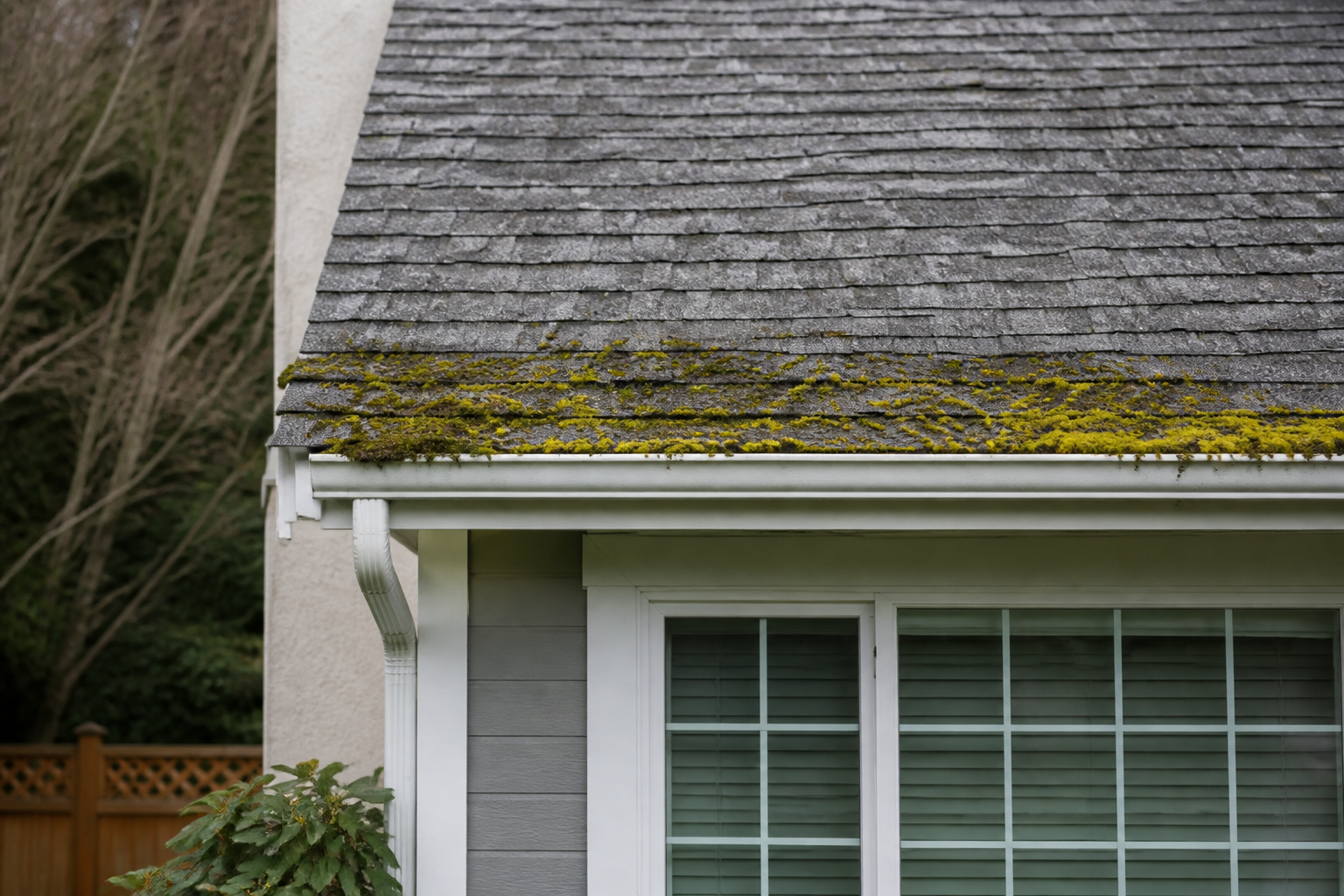 Alternate angle of the failure before work on a roofing scenario typical of Langley cream-stucco homes