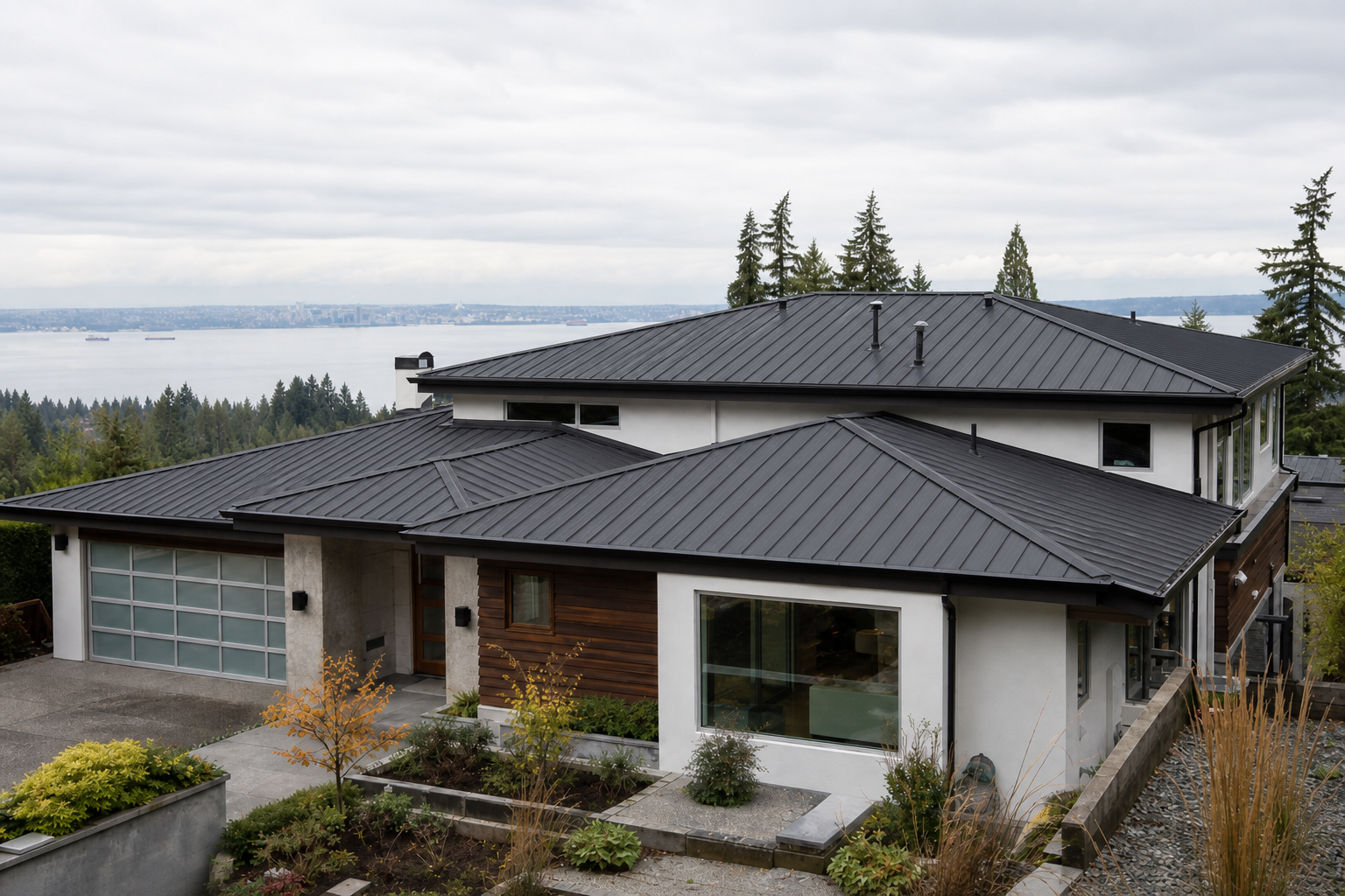 Establishing property view after work on a roofing scenario typical of West Vancouver modern homes