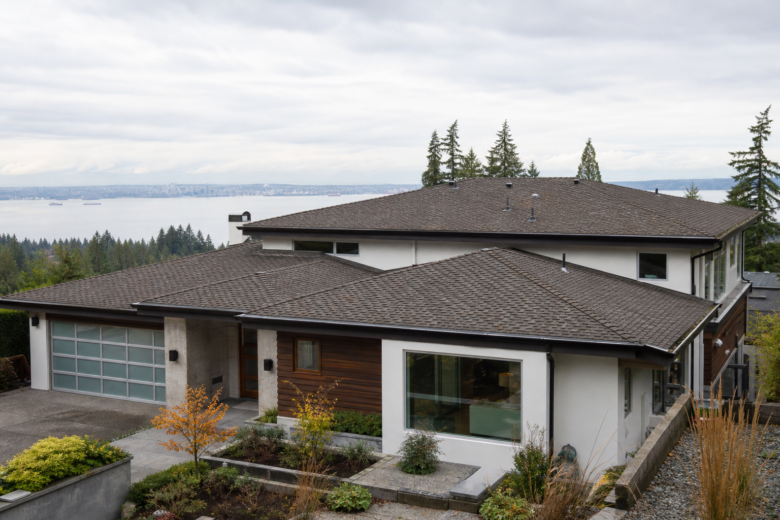 Establishing property view before work on a roofing scenario typical of West Vancouver modern homes