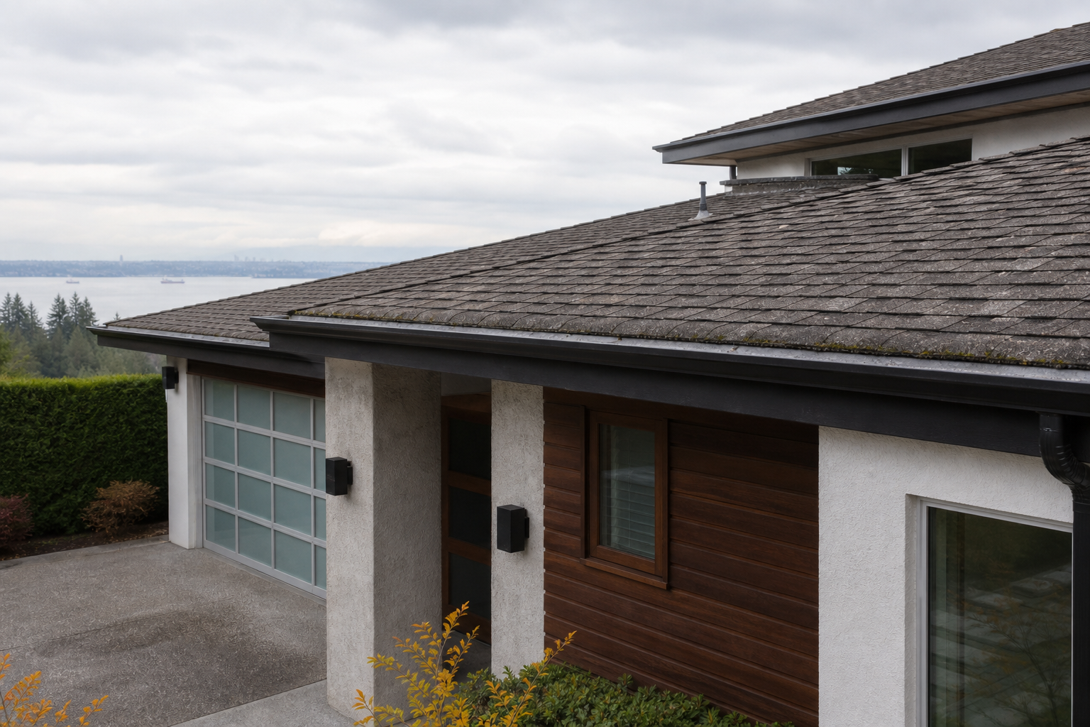 Eave, gutter, or secondary consequence detail before work on a roofing scenario typical of West Vancouver modern homes