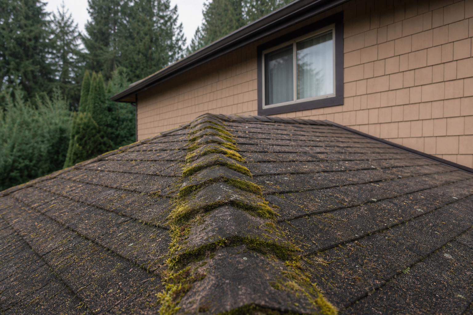 Tight technical failure detail before work on a roofing scenario typical of Maple Ridge forest-edge homes