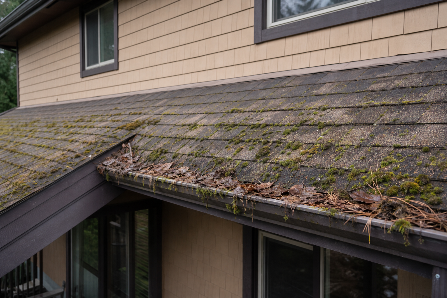 Eave, gutter, or secondary consequence detail before work on a roofing scenario typical of Maple Ridge forest-edge homes