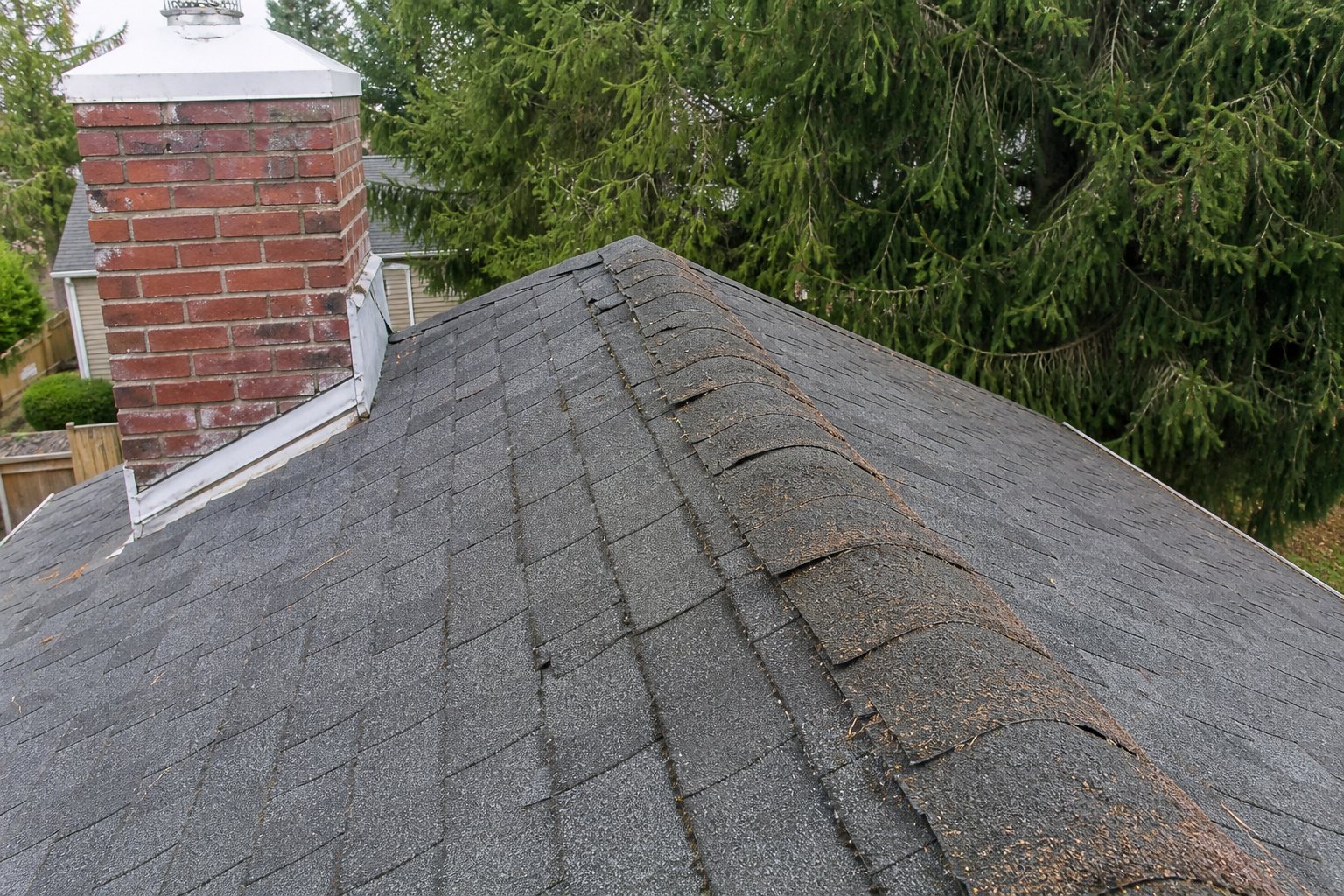Alternate angle of the failure before work on a roofing scenario typical of Burnaby and East Vancouver bungalows