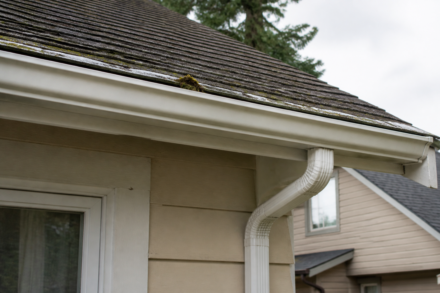 Eave, gutter, or secondary consequence detail before work on a roofing scenario typical of Burnaby and East Vancouver bungalows