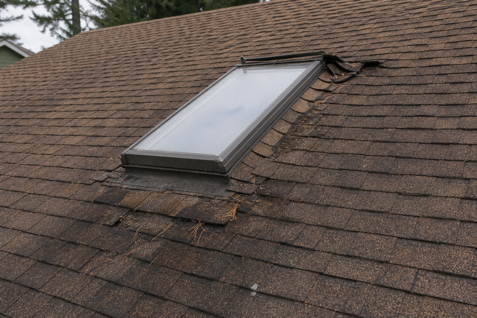 Primary problem-area detail before work on a roofing scenario typical of North Vancouver 1990s homes