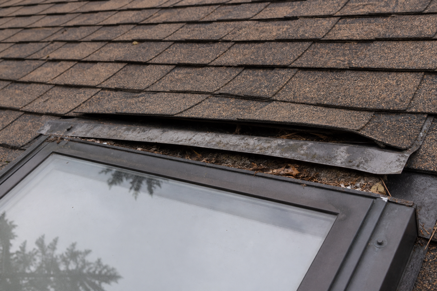 Tight technical failure detail before work on a roofing scenario typical of North Vancouver 1990s homes