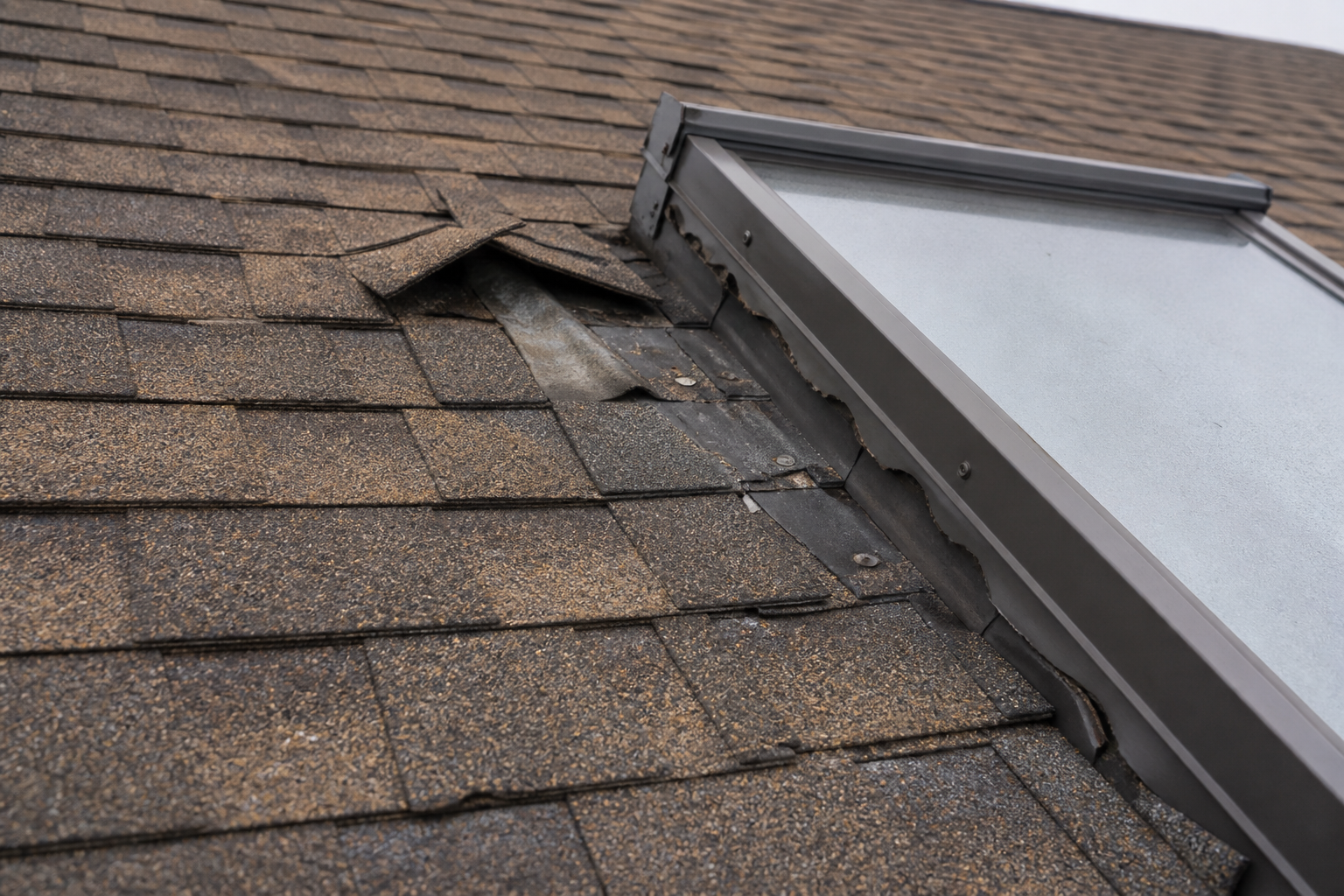 Alternate angle of the failure before work on a roofing scenario typical of North Vancouver 1990s homes