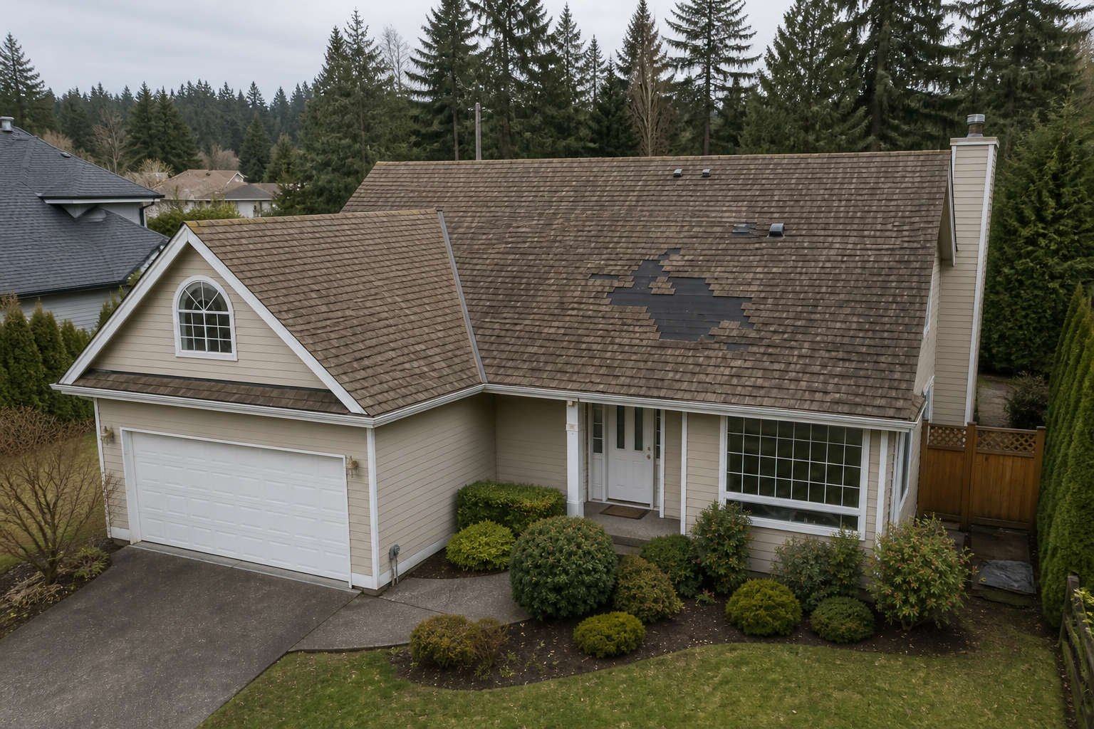 Alternate angle of the failure before work on a roofing scenario typical of Coquitlam 1990s homes