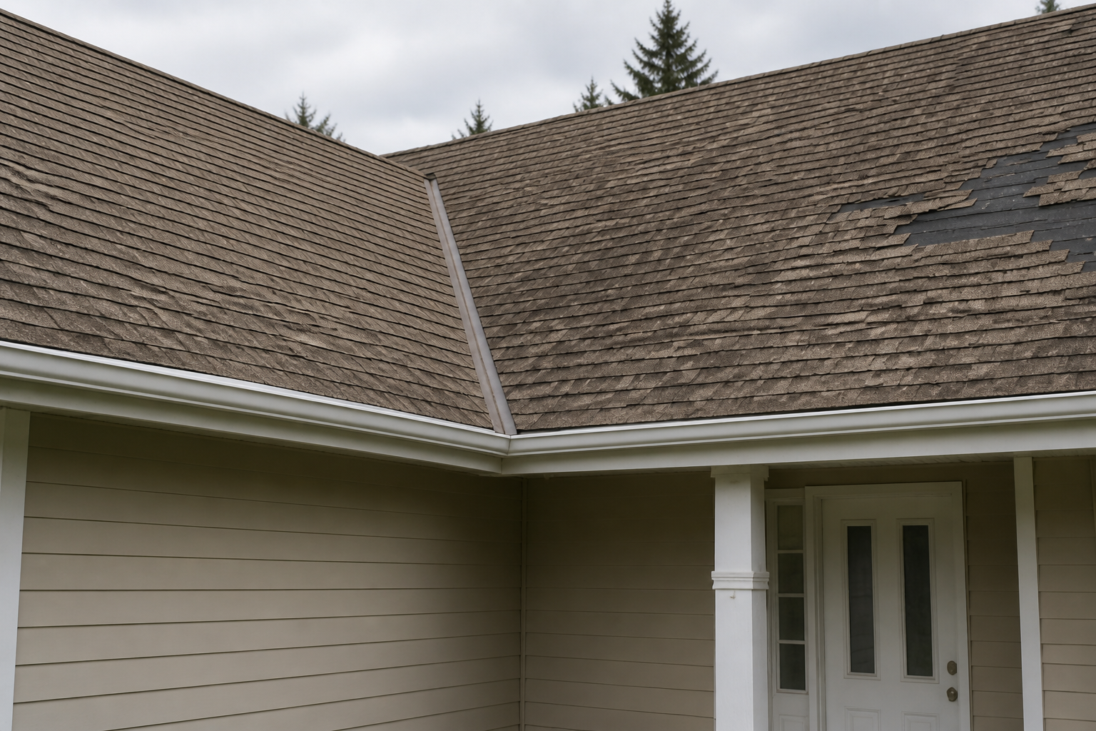 Eave, gutter, or secondary consequence detail before work on a roofing scenario typical of Coquitlam 1990s homes