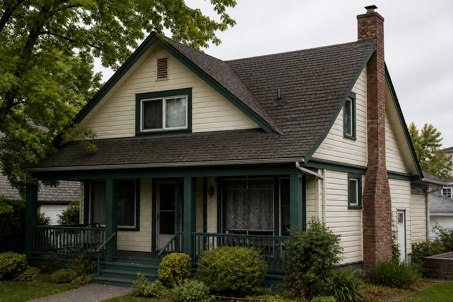 Establishing property view after work on a roofing scenario typical of New Westminster heritage-style homes