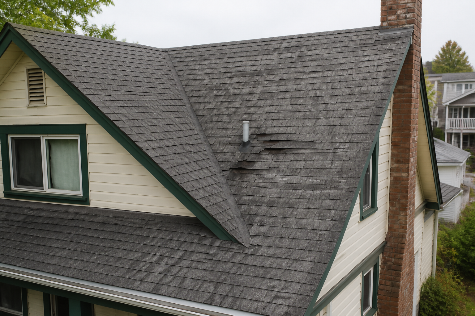 Alternate angle of the failure before work on a roofing scenario typical of New Westminster heritage-style homes