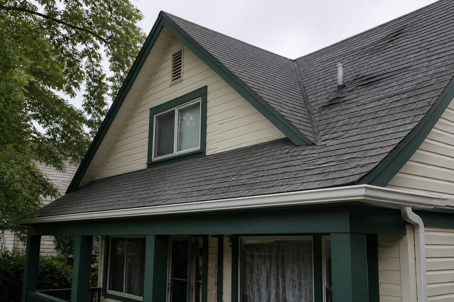 Eave, gutter, or secondary consequence detail before work on a roofing scenario typical of New Westminster heritage-style homes