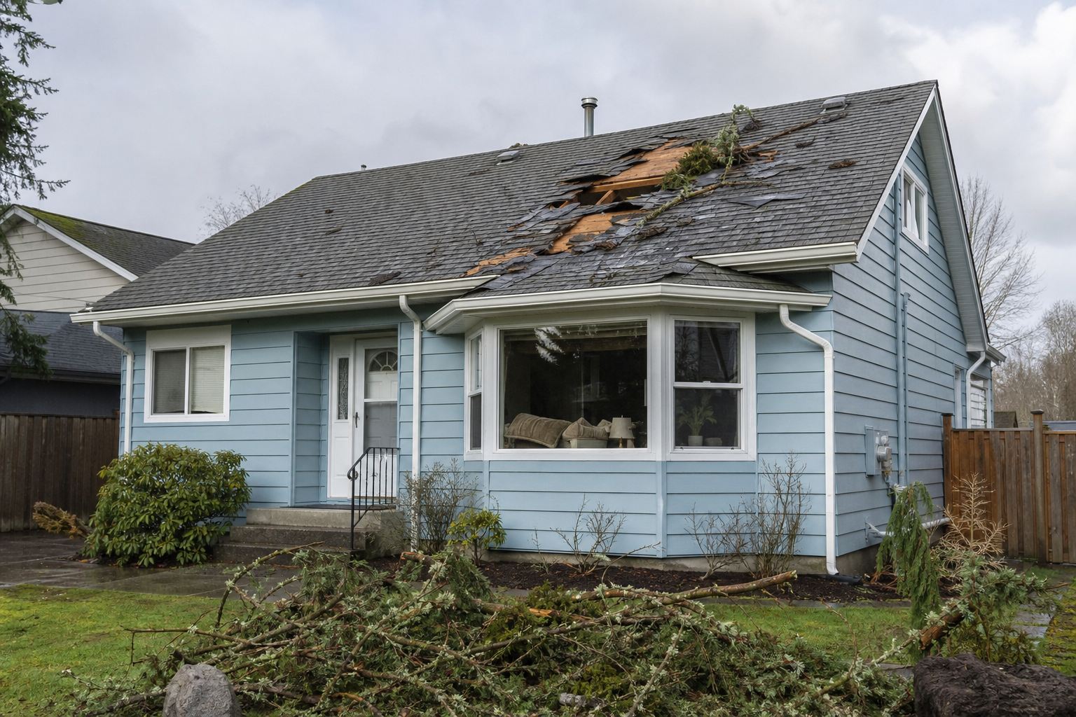 Establishing property view before work on a roofing scenario typical of Surrey storm-damaged homes
