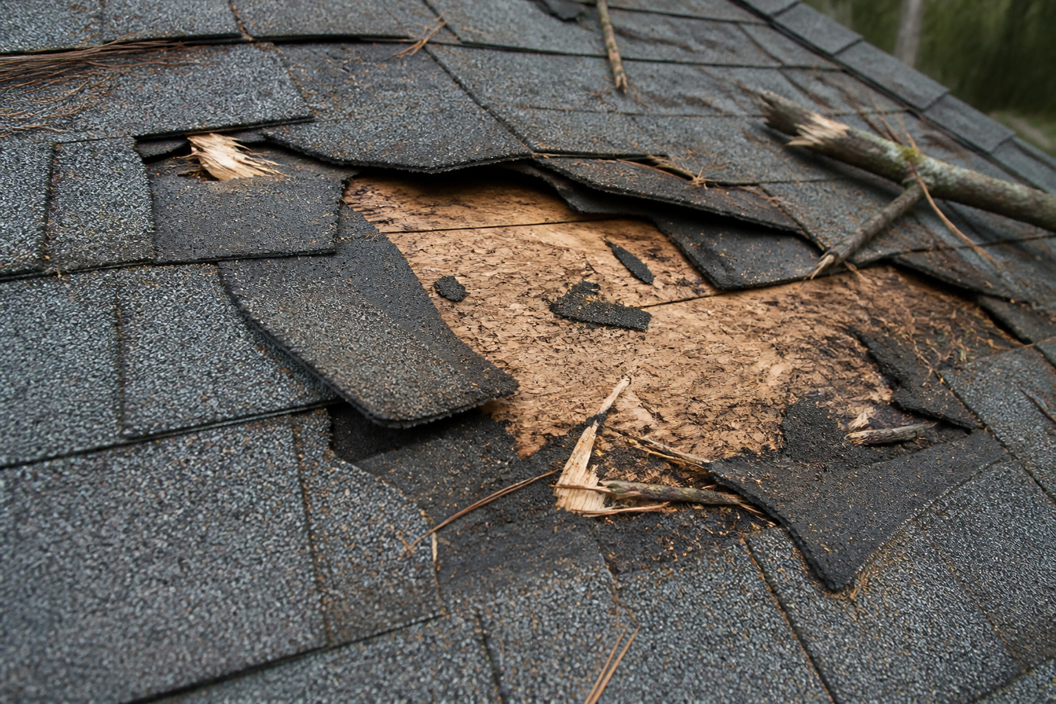 Tight technical failure detail before work on a roofing scenario typical of Surrey storm-damaged homes