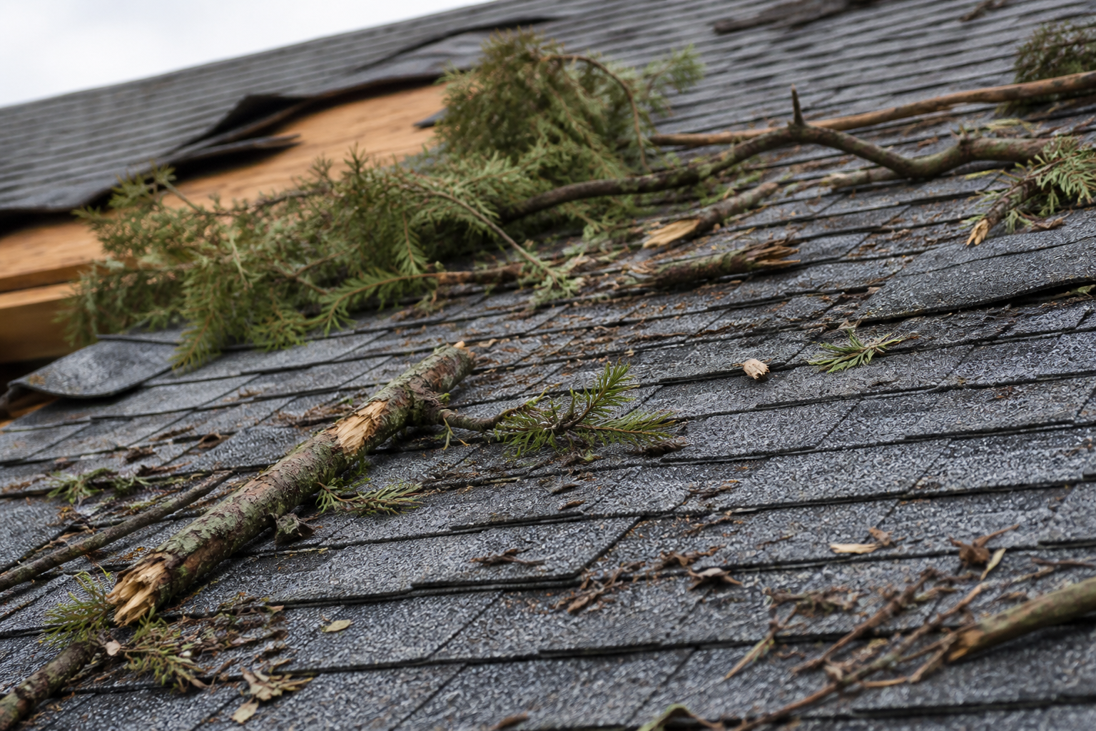 Alternate angle of the failure before work on a roofing scenario typical of Surrey storm-damaged homes